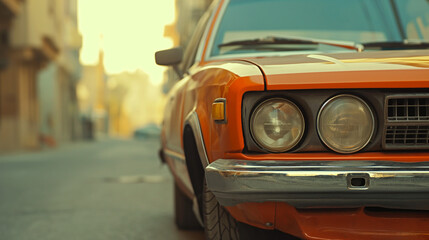 
Cinematic Movie Still: Close-Up on a New Orange 1990 Car with a Scratch on the Bumper in Saudi Arabia by Generative AI