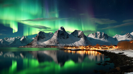 Aurora borealis over the sea snowy mountains.