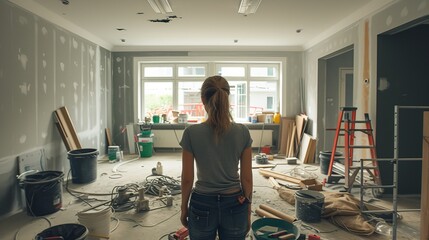 Female contractor working on home renovation and refurbishment project with copy space - obrazy, fototapety, plakaty