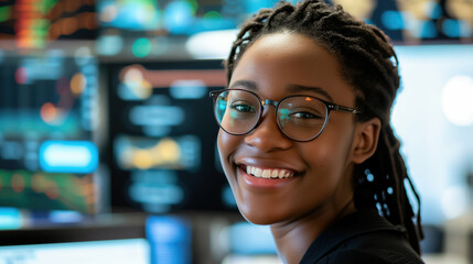 Black female cybersecurity analyst smiling at camera, with security monitors in the background. Generative AI.