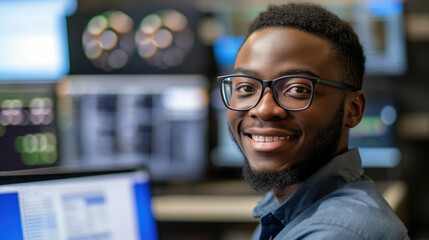 Black male cybersecurity analyst smiling at camera, with security monitors in the background. Generative AI. - Powered by Adobe