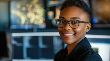 Black female cybersecurity analyst smiling at camera, with security monitors in the background. Generative AI. - obrazy, fototapety, plakaty
