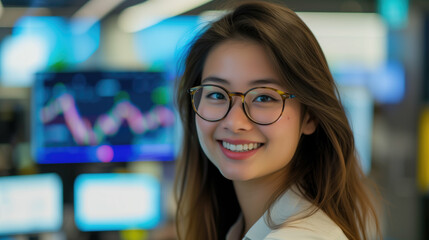 Latin female cybersecurity analyst smiling at camera, with security monitors in the background. Generative AI.