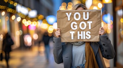 Motivational woman holding you got this sign for success and positivity on blurred background.