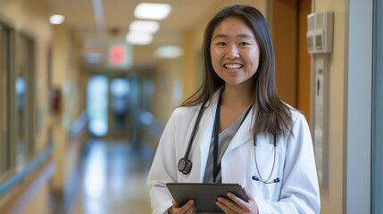 Smiling Asian female doctor in a white coat holding a tablet in the hospital corridor. Generative AI.