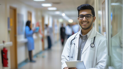Smiling Indian male doctor in a white coat holding a tablet in the hospital corridor. Generative AI. - obrazy, fototapety, plakaty