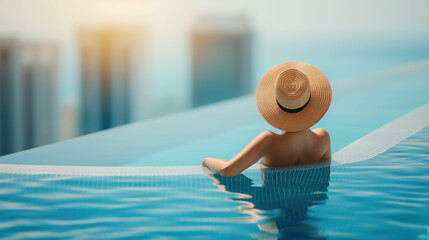 Unrecognizable woman with straw hat in a infinity pool on the top of a skyscraper. Generative AI.