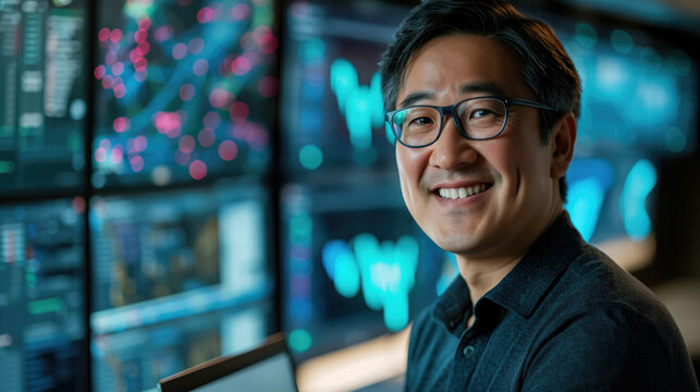 Asian female cybersecurity analyst smiling at camera, with security monitors in the background. Generative AI.