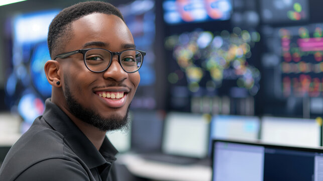 Black male cybersecurity analyst smiling at camera, with security monitors in the background. Generative AI.