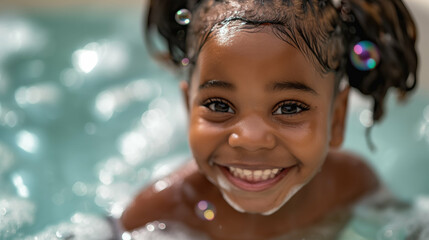 Happy black girl surrounded by soap bubbles in a bathtub. Generative AI.