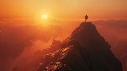 Fototapeten A person standing on a mountaintop at sunrise, feeling a sense of awe and wonder at the beauty of the world, inspired by the promise of a new day © Ateeq