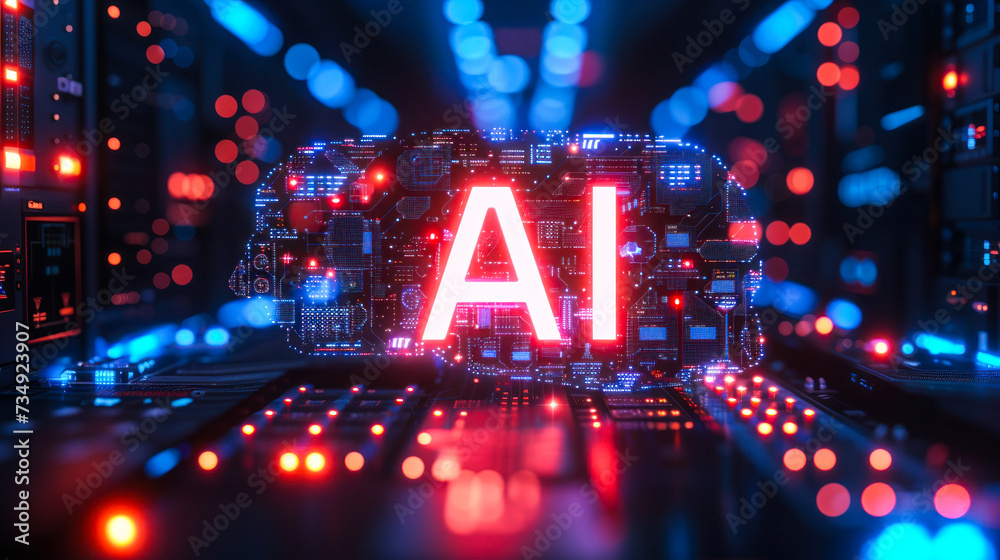 Poster futuristic ai technology concept with 'ai' text illuminated on a circuit board, representing artific