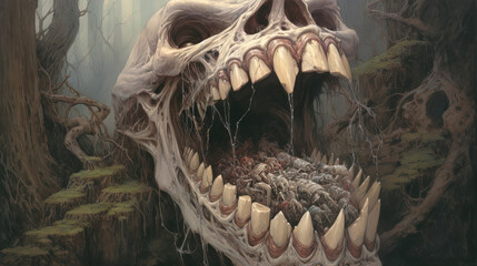 Monstrous skull with large teeth in a forest, with a pile of debris in its mouth