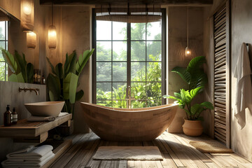 Minimalist bathroom, made of wood, with a large window that overlooks the countryside