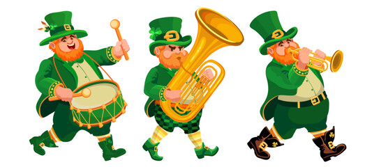 Three funny fat musicians in leprechaun costumes. People with a tuba, trumpet, drum. Cartoon characters in flat style isolated on white. Illustration for St. Patricks Day,  Irish holiday. Vector.