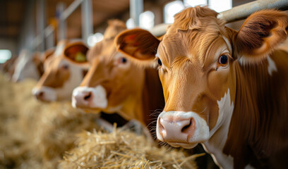 Portraits of funny cows and calves and young bulls staying in cowshed while hay feeding staring at camera. Livestock production, Animal husbandry Agriculture industry, Greenhouse Gas Emissions concept