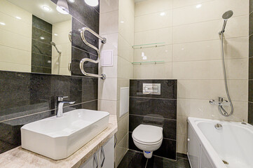 interior apartment room bathroom, sink, decorative elements, toilet. WC, sanitary unit, wash room