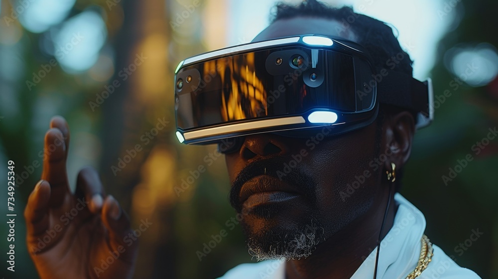 Poster afro-american man in a virtual reality headset playing video games, trying to touch something with h