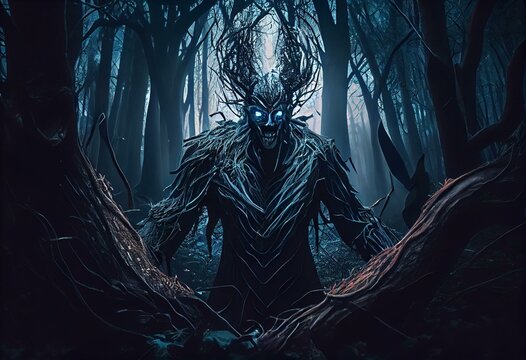 3D demonic figure in spooky forest. Generative AI