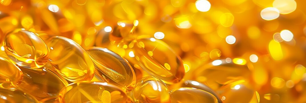Macro view of vitamin d, e, yellow fish oil, omega 3 6 9 capsules for health and wellness.