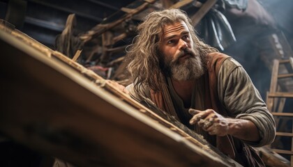 Noah With Long Hair and Beard Building the Ark