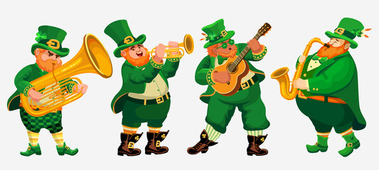 Four funny fat musicians in leprechaun costumes. People with a tuba, trumpet, guitar, saxophone. Cartoon characters on white. Flat style Illustration for St. Patricks Day, Irish holiday. Vector.