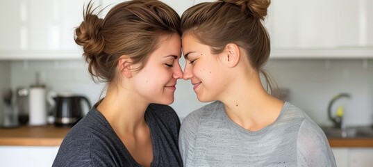 Capturing moments of love and happiness with a happy lesbian couple in their white kitchen at home