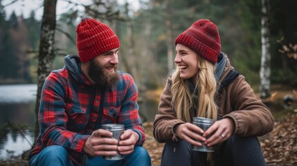 Enchanted couple in love, captivated by serene outdoor beauty, cherishing blissful camping moments