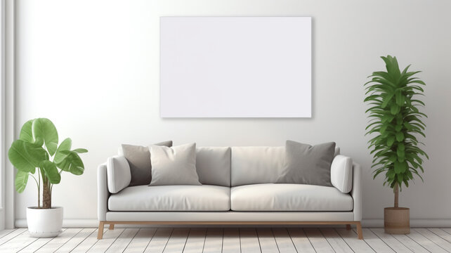 A blank white frame mockup in a minimalist living room