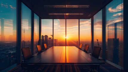 interior of meeting room office glass sectioning with beautiful city view at sunset.