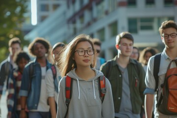 Obraz premium Diverse Group Of Students With Backpacks Strolling Confidently Through The City
