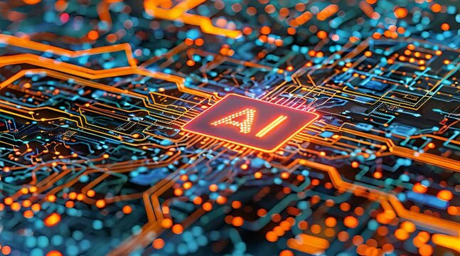 A glowing 'AI' symbol is at the heart of a complex circuit board