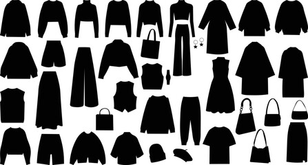 set of women's clothing silhouette on white background vector