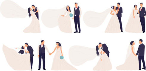set of bride and groom in flat style on white background vector