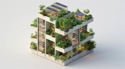 3D model of a structure made up of residential buildings with solar panels and roof gardens