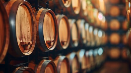 Modern wine cellar interior with rows of wooden barrels, winemaking industry environment background