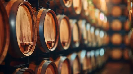 Fotobehang Modern wine cellar interior with rows of wooden barrels, winemaking industry environment background © Andrei