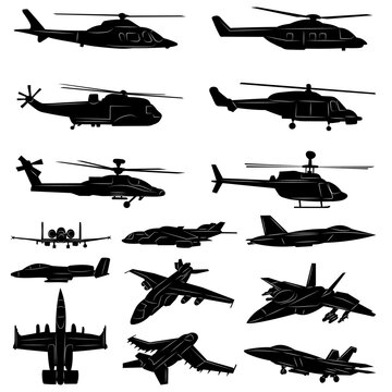 set of military planes and helicopters silhouette on a white background vector