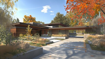 large modern contemporary house in wood and concrete - obrazy, fototapety, plakaty
