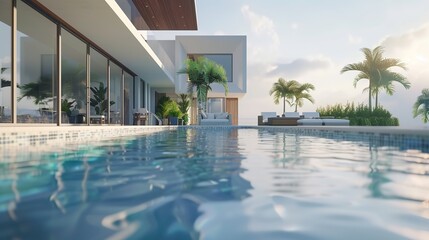 3D model of a luxurious, contemporary home with a swimming pool