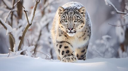 Fototapeta premium Snow Leopard Walking Through Snow
