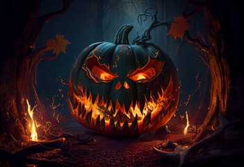 Jack-o'-lantern, the scary Halloween pumpkin with eyes and mouth of fire, in a haunted forest at night, 3D rendering. Generative AI