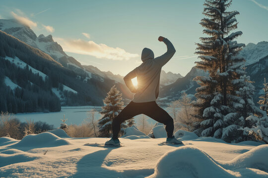 An Active Individual Exercises Outdoors During Winter, Promoting Fitness And Resilience