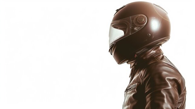 Leather jacket and a black protective helmet. The rider's portrait. Sepia style. isolated on white background. Looking on the right, left side.