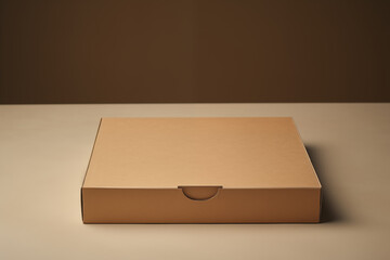 A natural-colored cardboard box, without labels, suitable for delivering pizza to your home on a neutral background