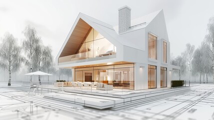 3D illustration of a modern cottage concept found on blueprints. - obrazy, fototapety, plakaty