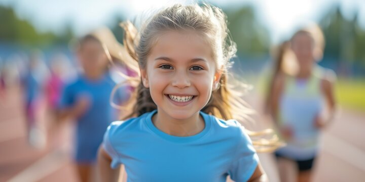 Child Participating In Stadium Marathon, Showcasing Active And Inclusive Sports