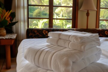 Neatly Arranged Towels On Bedroom Table, Awaiting Use And Blissful Moments