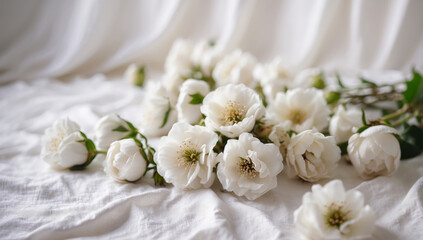 Obraz na płótnie Canvas White flowers on white cotton fabric. AI generated