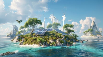 Eco energy. The island has wind stations and solar panels. 3d illustration - obrazy, fototapety, plakaty